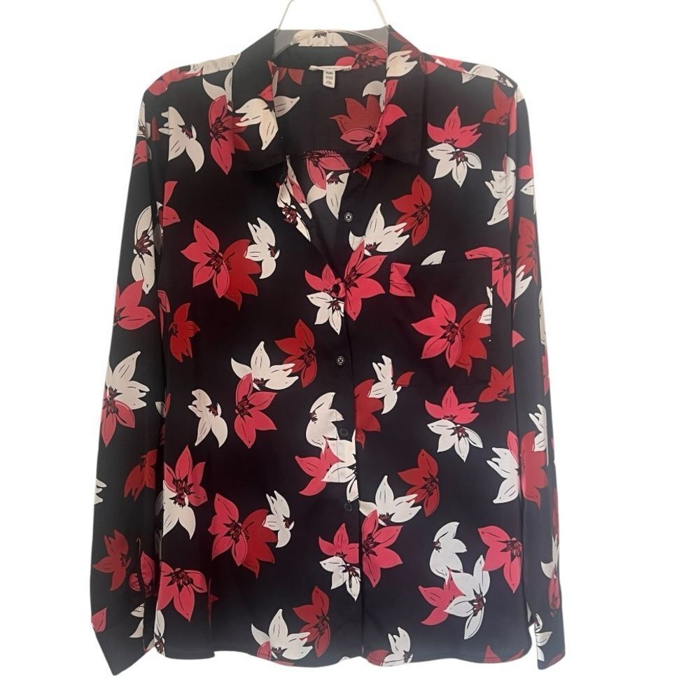 Como BluβFloral Black Burgundy Vibrant Office Casual Satin Top Blouse Sz XL